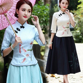 Zlepšenie cheongsam hanfu ženskej polovice-rukávom šaty Čínsky dvoch-dielny oblek tang kabát hanfu elegantné denný študent oblečenie