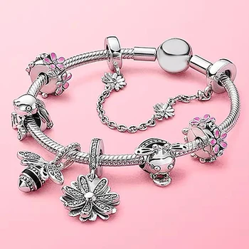 100%925 sterling silver Spring ružový kvet série sladké bee králik záhrada kvalitnú módu pandoradora náramok šperky