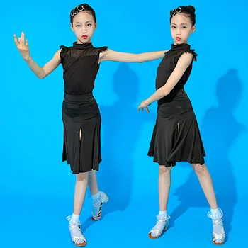 Latinské tanečné oblečenie dievčatá latinskej detí split Black bez Rukávov Top Girls latinskej praxi štandardné oblečenie