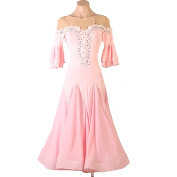 Nový Moderný Štandard Tanečné Oblečenie Krátky Rukáv Big Swing Drahokamu Elegantné Ružové Šaty Ballroom Dance Stage Kostýmy DQL7113