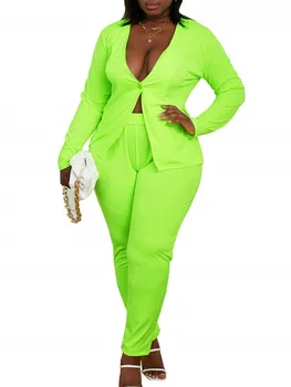 2 Kus Dvoch Nastavte Veľké Ženy Veľkosti Afriky Oblečenie Pevné Žiarivkové Svetlo Zelená Dlhý Rukáv Jedno Tlačidlo Malé Oblek A Nohavice Zhodné Sady