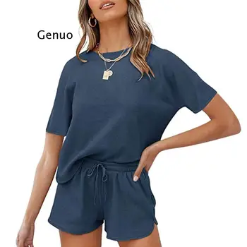 na jar a v lete nové žien rebrovaný-krátke rukávy domáce oblečenie farbou bežné dvojdielne pyžamo set hot predaj