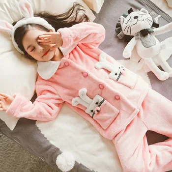 Dievčenské Pyžamo 2021 Jeseň Zima Nové Dievčatá Roztomilé Sladké Králik Cartoon Králik Flanelové Pyžamo Teplé Pribrala Sleepwear