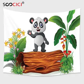 Cutom Gobelín Stene Visí,Zvierat Dekor Cute Baby Panda Stojí na Kmeň Stromu Tropické Kvety Veľké Listy Farebné Art Zelená