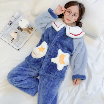 Kórejský Flanelové Cute Pyžamo Sady pre Dievčatá Sleepwear Jeseň v Zime Teplé Dlhé Rukávy Oblečenia Súpravy Domáce Nosenie Mäkké Pyžamá 4-12Y