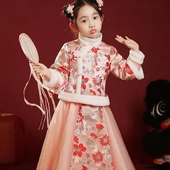 Dievča Zimné Čínsky Štýl Vintage Tlačidlo Hanfu Kvetina Tlače Qipao Šaty Cosplay Party Výkonu Nový Rok Pozdrav Kostým