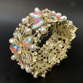 Luxusné Zlaté AB Farba Crystal Pearl Putá Bangles Náramok Veľký Široký Úsek Svadobné Party Náramok Šperky, Darčeky pre Ženy Accesorios