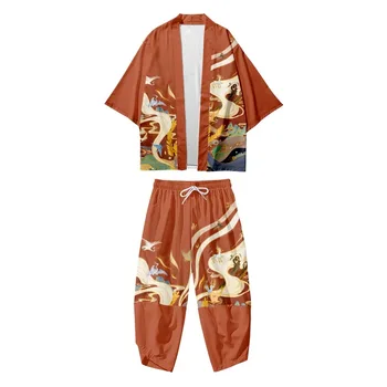 Dvoch-dielny Oblek Ženy Muži Cosplay Yukata Oblečenie Japonský Voľné Cardigan Harajuku Kimono + Nohavice, Súpravy