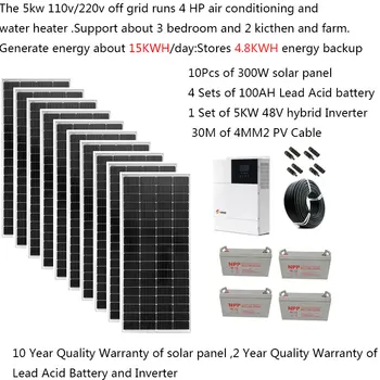 Solárny Panel Auta Kompletné 5KW 220V 110V Olovené Batérie Hybrid Invertor MPPT Čistá Sínusová Vlna Off Grid Systém 4HP Vzduchu Conditoner